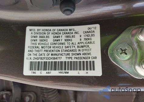 2012 Honda Civic Lx z USA, uszkodzony, nr VIN 2HGFB2F53CH564777